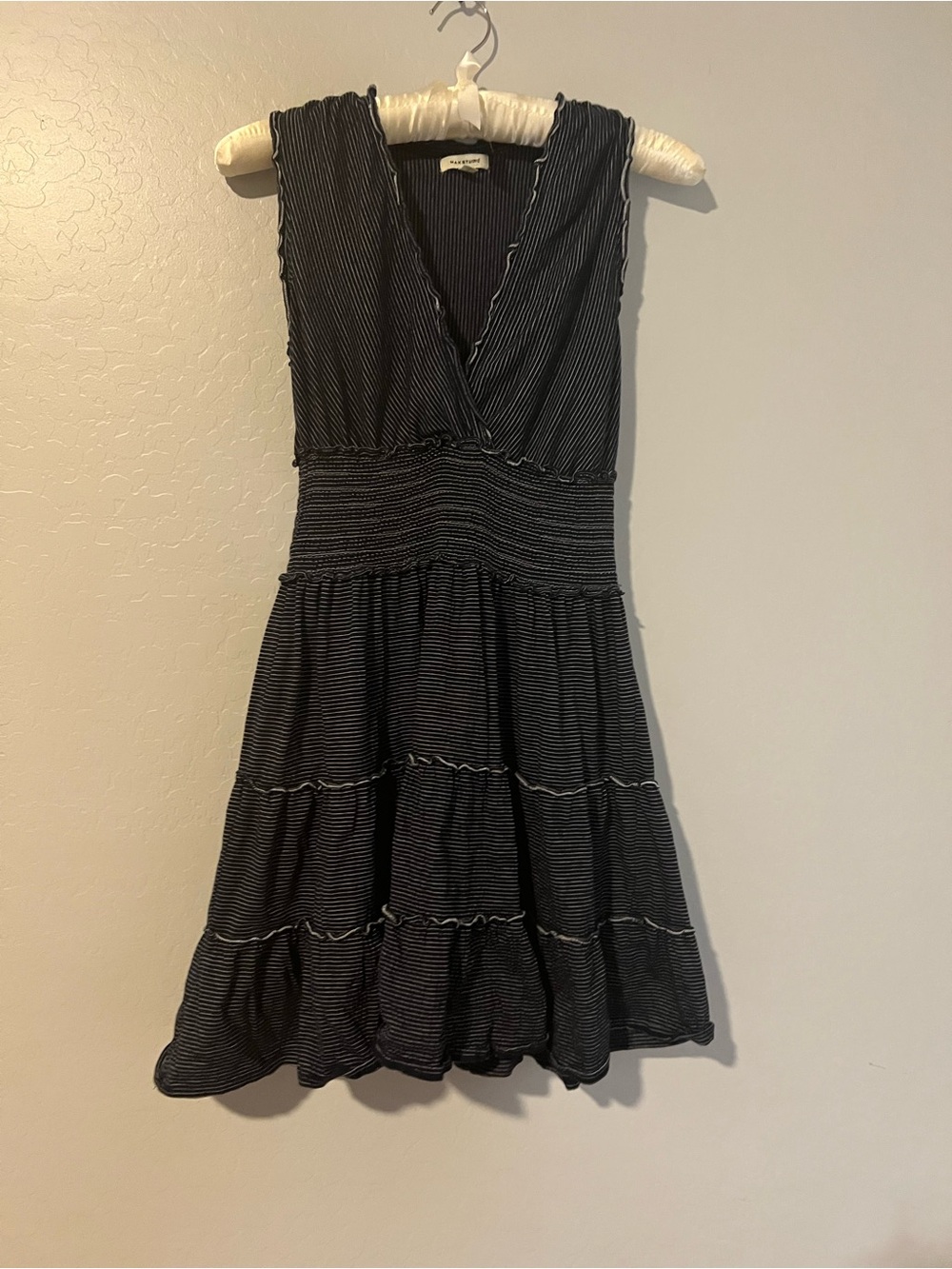Max Studio Navy and White Striped V-Neck Tiered Dress
